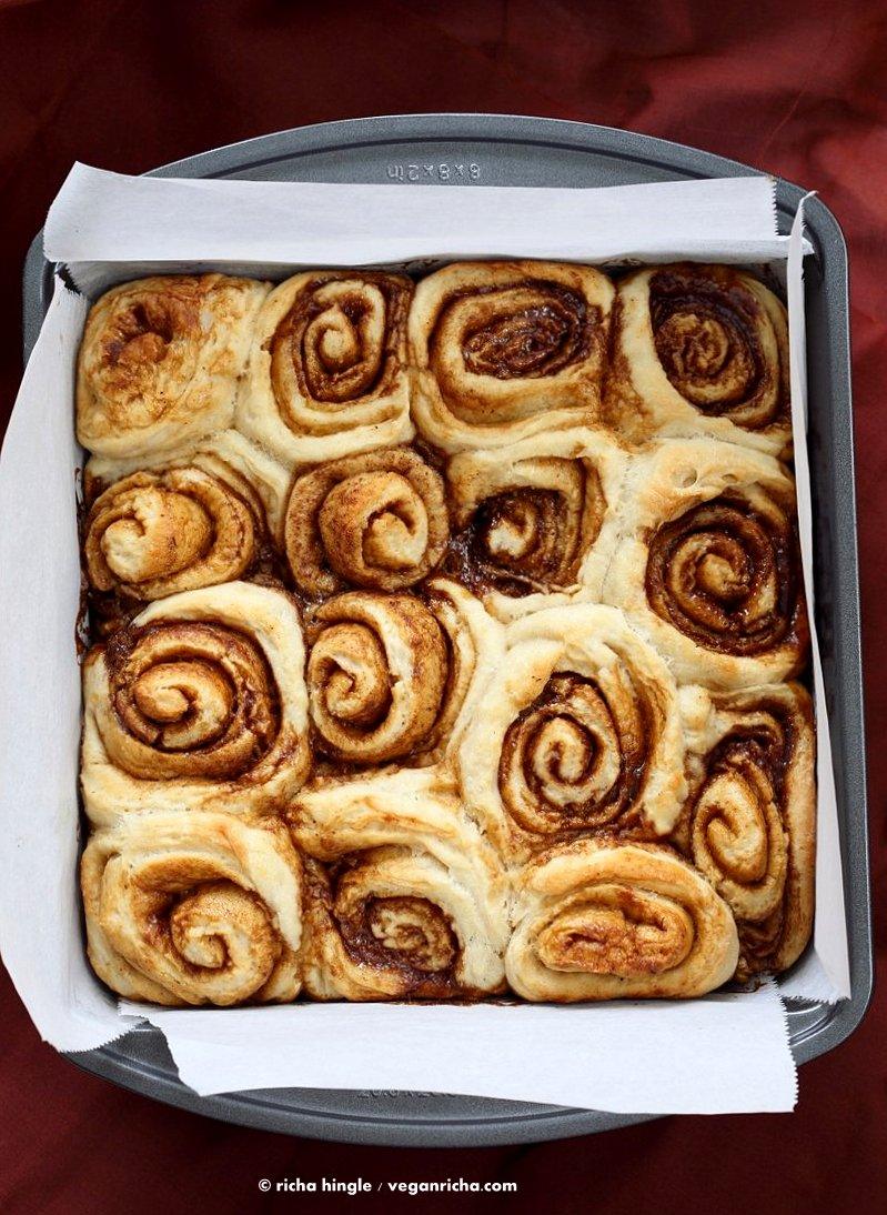 Easy Homemade 1 hour Cinnamon Rolls. Vegan Cinnamon Rolls with Cashew cream frosting. Ready in 60 minutes. Vegan Soy-free Palm Oil free Breakfast Recipe | VeganRicha.com