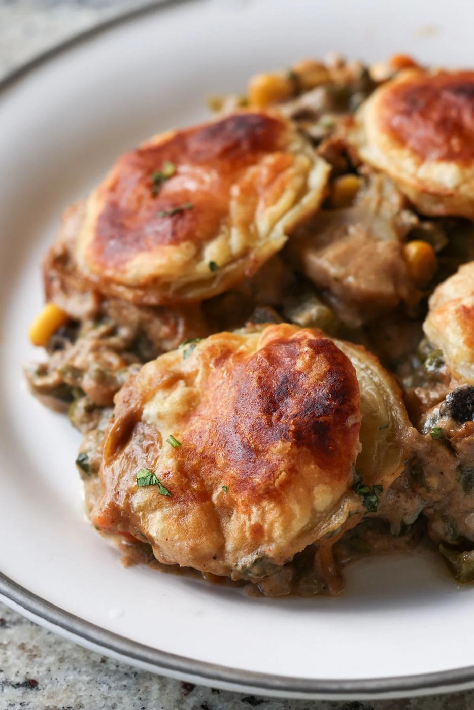 close-up of masala vegetable pot pie, plated