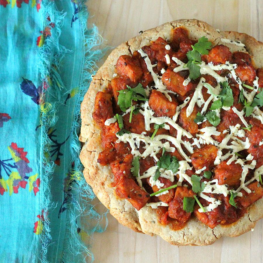 Pitzn: Glutenfree Focaccia style crust topped with Tempeh Tikkas masala