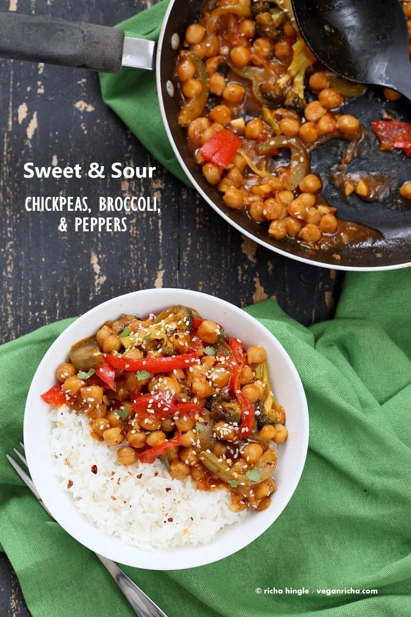 Sweet and Sour Chickpeas, Peppers, and Broccoli. Easy Weeknight One Pot Protein filled Meal. | VeganRicha.com #vegan #glutenfree #chickpeas #recipe #veganricha