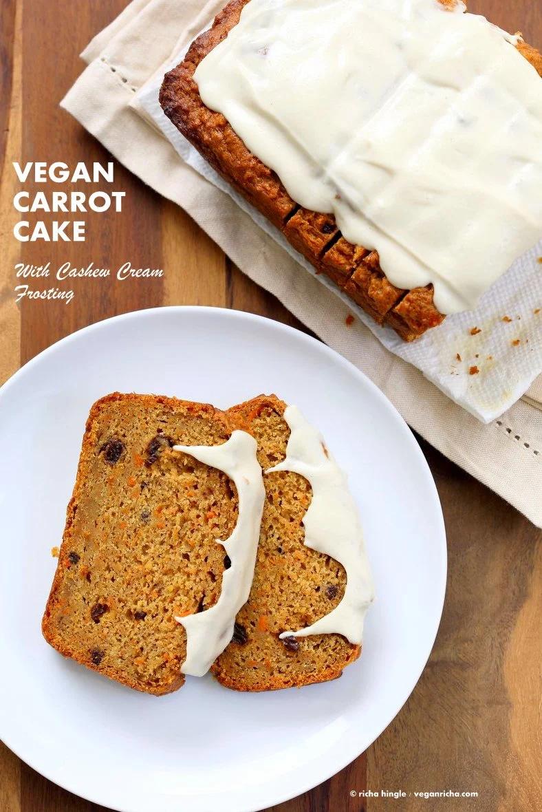 Vegan Carrot Cake Recipe. Vegan Carrot Cake Quick bread loaf with Cashew Cream Frosting. Moist, spiced, full of carrots. Low oil. #vegan #Soyfree #Palmoilfree #Easter #recipe | VeganRicha.com