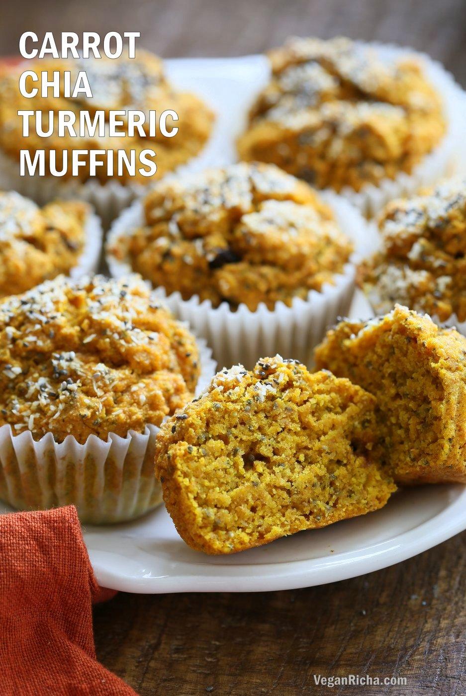 Turmeric Carrot Muffins. These sunshine muffins have carrots, dry or fresh turmeric, fresh ginger and chia seeds. Coconut rounds up the flavor for a caramelized carrot ginger turmeric profile. Add nuts or dried fruit of choice to these Turmeric muffins. No added sugar or oil needed. Vegan Soyfree Nut-free Recipe | VeganRicha.com