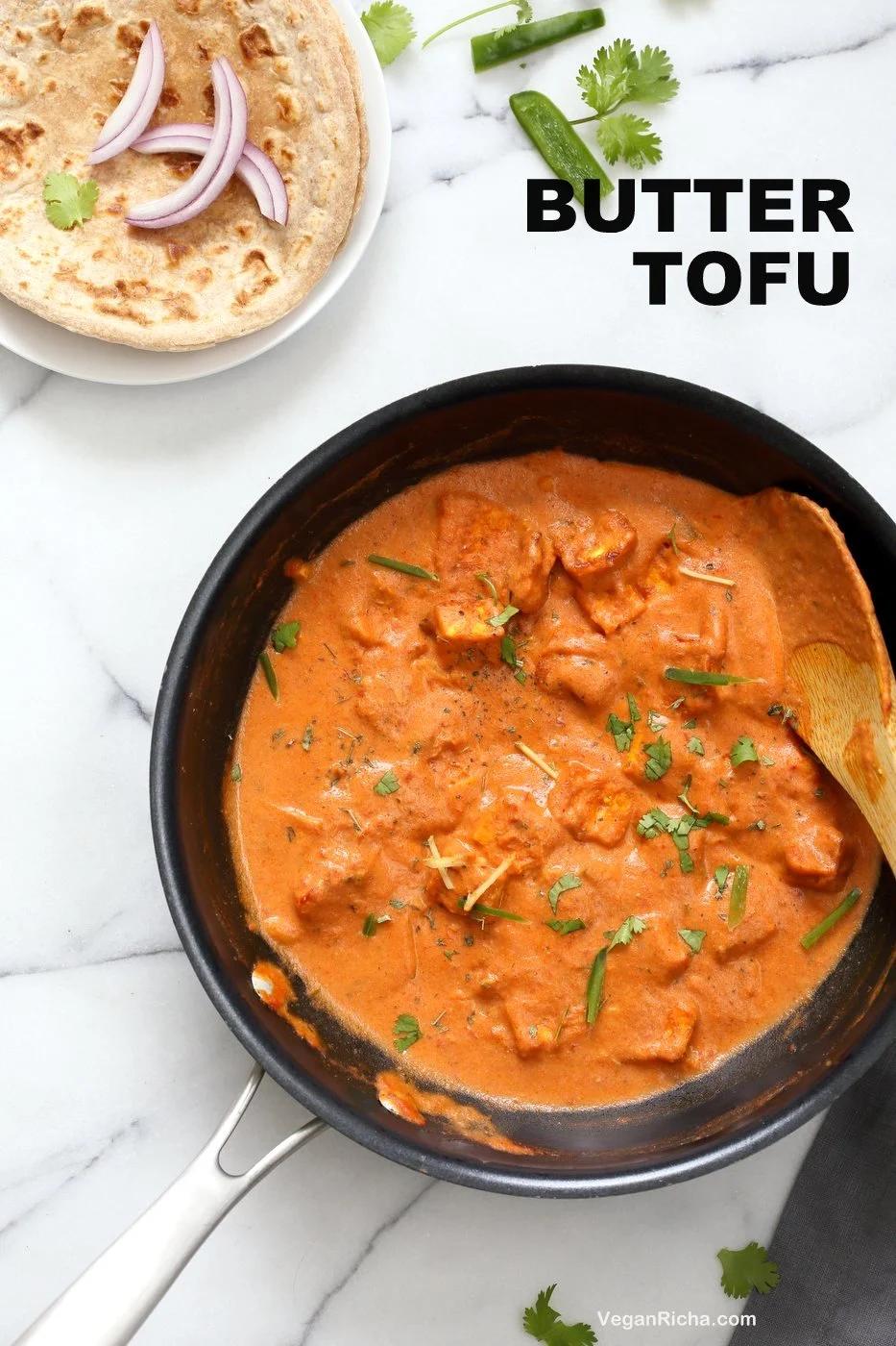 Restaurant Style Tofu Butter Masala Recipe - Indian Butter Tofu "Paneer". Dairy-free Tofu Paneer Butter Masala. Tofu is marinated and baked then simmered in tomato ginger cashew sauce. Vegan Gluten-free Recipe. | VeganRicha.com