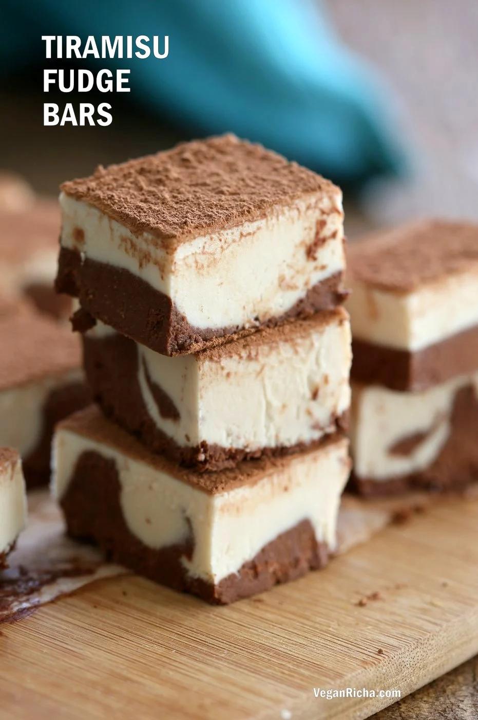 Tiramisu Fudge Bars with creamy cashew vegan mascarpone layered with cocoa coffee cream. These freezer fudge bars are easy and dreamy. Vegan Gluten-free Soy-free Recipe | VeganRicha.com