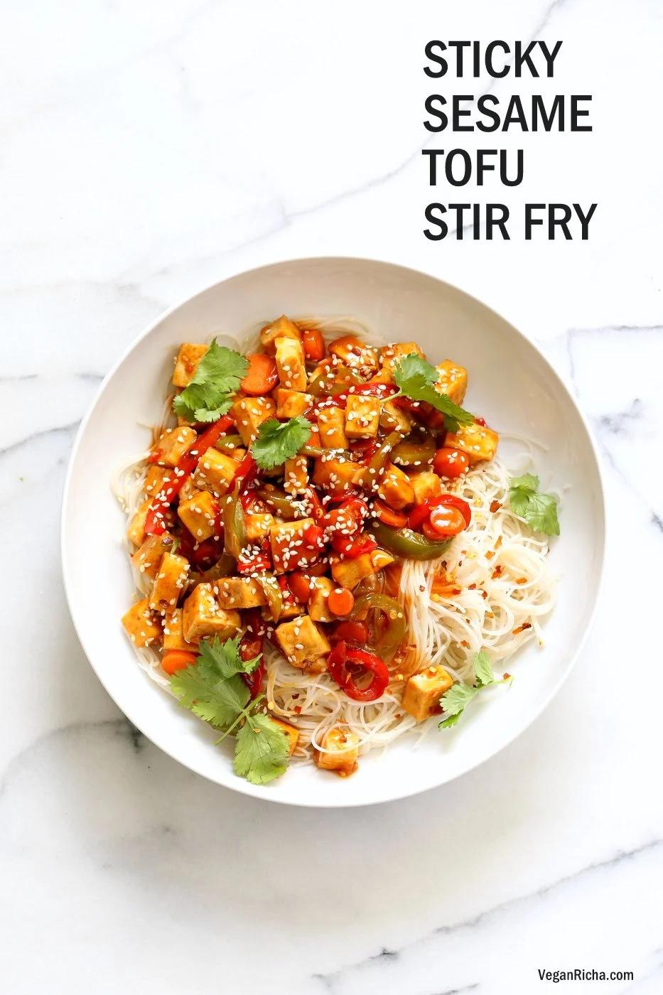 Sticky Ginger Sesame Tofu and Veggie stir fry with vermicelli or maifun noodles. Easy weekday Dinner. Vegan Gluten-free nut-free Recipe. Use chickpeas or more veggies to make Tofu-free | VeganRicha.com