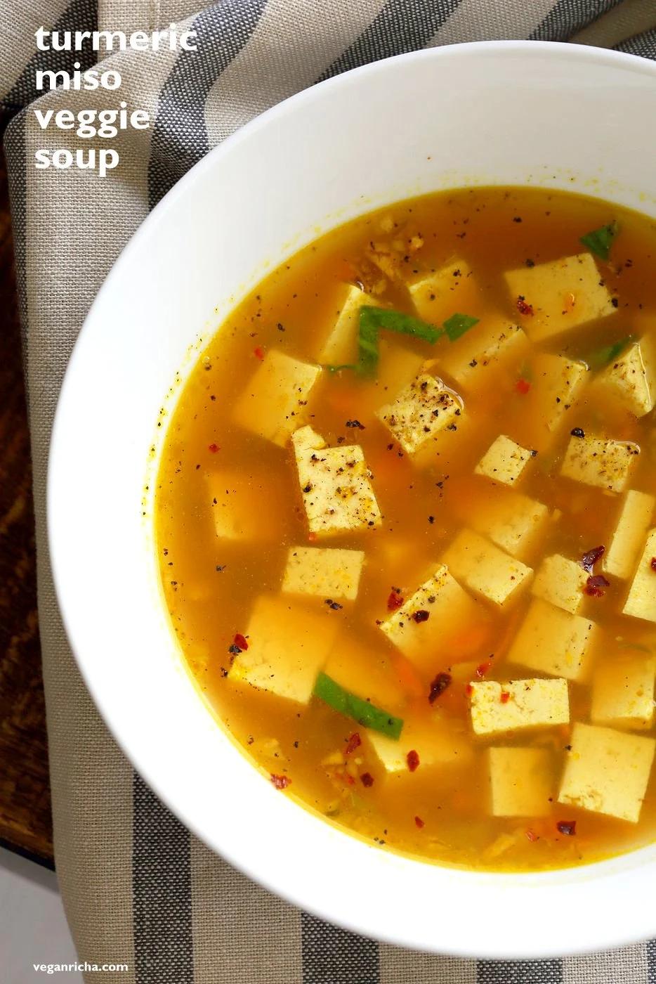 Turmeric Miso Soup With Ginger, Garlic and Tofu. Kick that cold with this soothing, anti inflammatory, brothy soup. Vegan Gluten-free Nut-free #vegan #Recipe #veganricha | VeganRicha.com