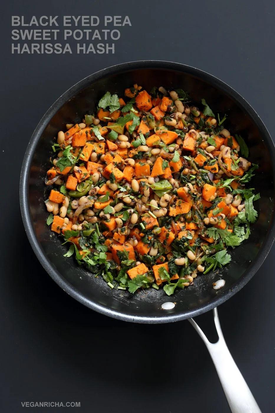 Bring in the new year with this plentiful Black eyed pea and Sweet Potato Hash with Harissa Spice. Ready in 20 minutes. Serve over toast with a creamy dressing or avocado. Vegan Gluten-free Soy-free Recipe