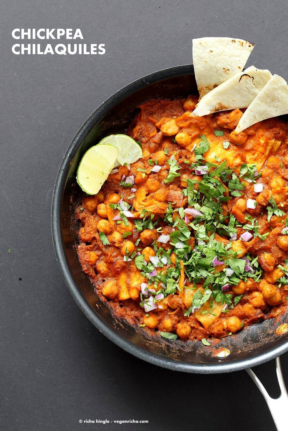 Vegan Chilaquiles with spiced Chickpeas. Spiced Chickpeas and crisped tortilla with easy red sauce. Easy Chilaquiles Recipe. Nut-free, soy-free. can be gluten-free.| VeganRicha.com