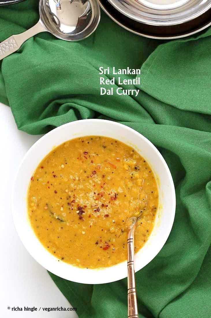 Sri Lankan Red Lentil Curry. Creamy Dal curry Spiced with fenugreek seeds, cinnamon, black peppercorns | https://VeganRicha.com #vegan #easy #glutenfree #soyfree #lentils #dal #recipe #veganricha