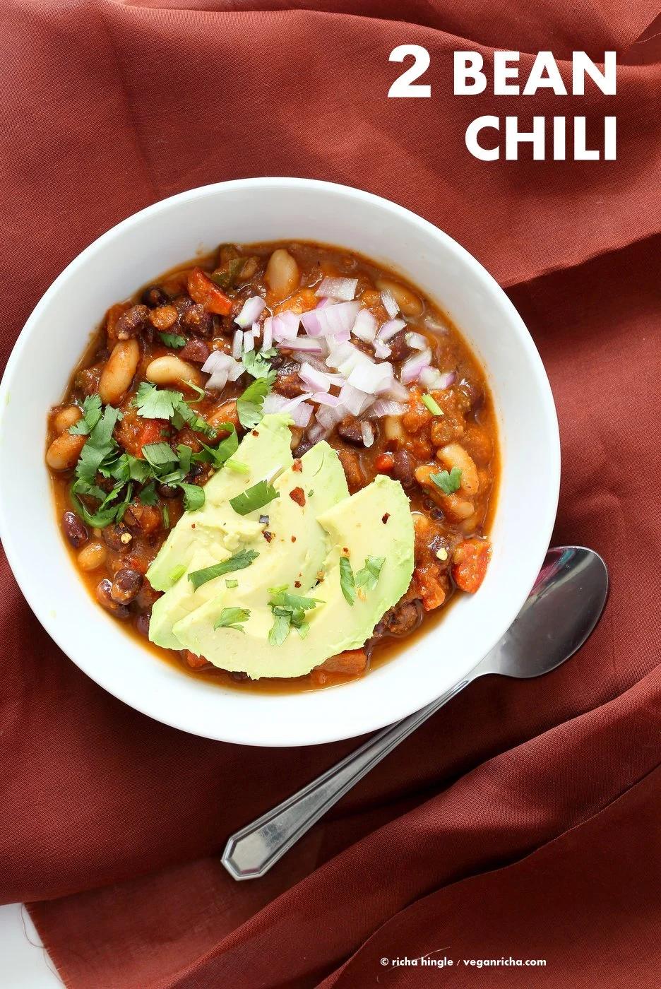 White and Black Bean Chili Recipe. Make this Hot bowl of Chili with Black Beans and White Cannellini or Northern Beans, peppers, veggies for Fall. 1 Pot, ready in 30 minutes. Vegan Gluten-free Soy-free Recipe. | VeganRicha.com