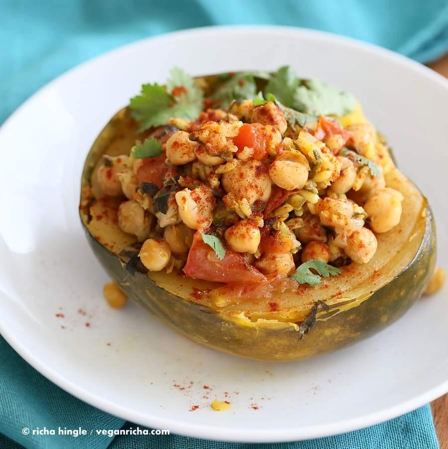 Pressure Cooker Curried chickpea Stuffed Acorn Squash | Pitzn