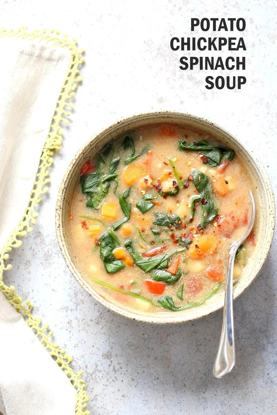 Veggie Chickpea Potato Soup in Instant Pot. Creamy Potato Chickpea Spinach soup. Saucepan option. #Vegan #Glutenfree #Soyfree #Nutfree #Recipe #veganricha | VeganRicha.com