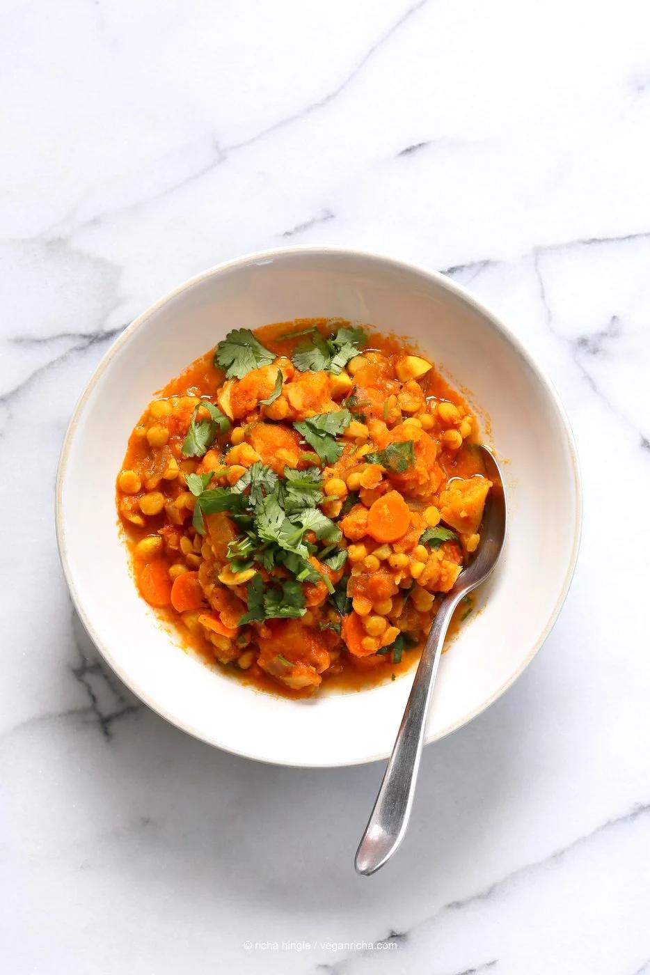Chana Dal Veggie Carrot Soup. Easy Split Pea Soup with veggies. 1 Pot ready within 45 minutes. Use split chickpeas (Chana Dal) or other split peas or lentils. Vegan Gluten-free Soy-free Recipe | VeganRicha.com