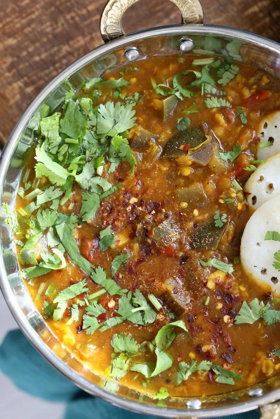 Eggplant Sambar Recipe - Indian Yellow Lentil Tamarind Dal. Toor Dal Sambar with Eggplant or other seasonal veggies. Instant Pot or Saucepan Vegan Gluten-free Soy-free Nut-free Recipe | VeganRicha.com
