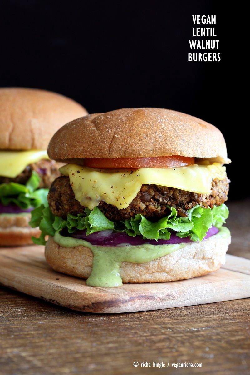 Spiced Lentil Walnut Burgers. Easy Flavorful Burger patties with avocado ranch. Vegan Burger Recipe. Soyfree Easily gluten-free | VeganRicha.com