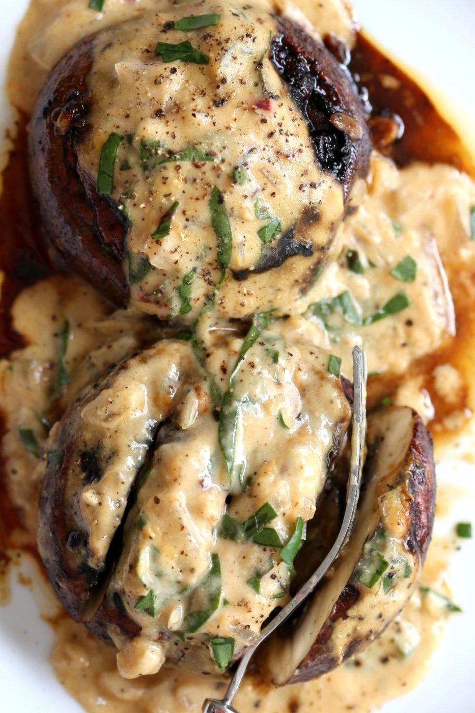 Grilled Portobello Mushrooms with Garlic Sauce. Grilled or Baked Marinated Portabella Mushrooms served with creamy gravy. #Vegan #Glutenfree #Recipe #veganricha | VeganRicha.com