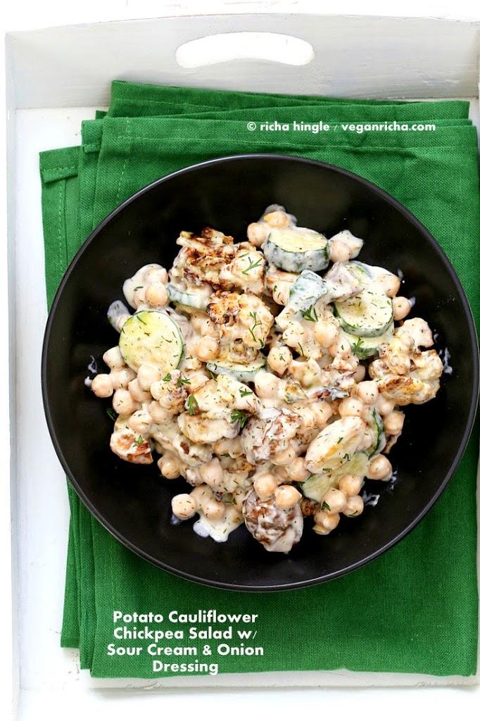 Roasted Potato Cauliflower Salad with Vegan Sour Cream Dressing #vegan #veganricha