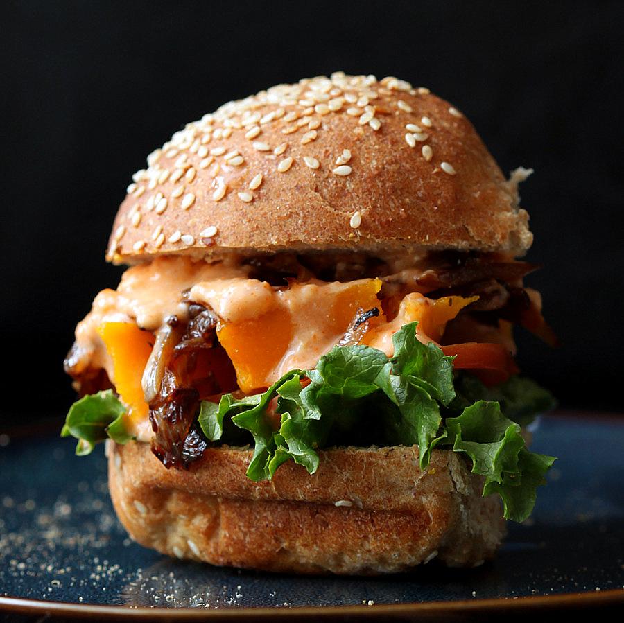 Roasted Butternut Squash, Caramelized Onion, Sriracha Mayo Sandwich