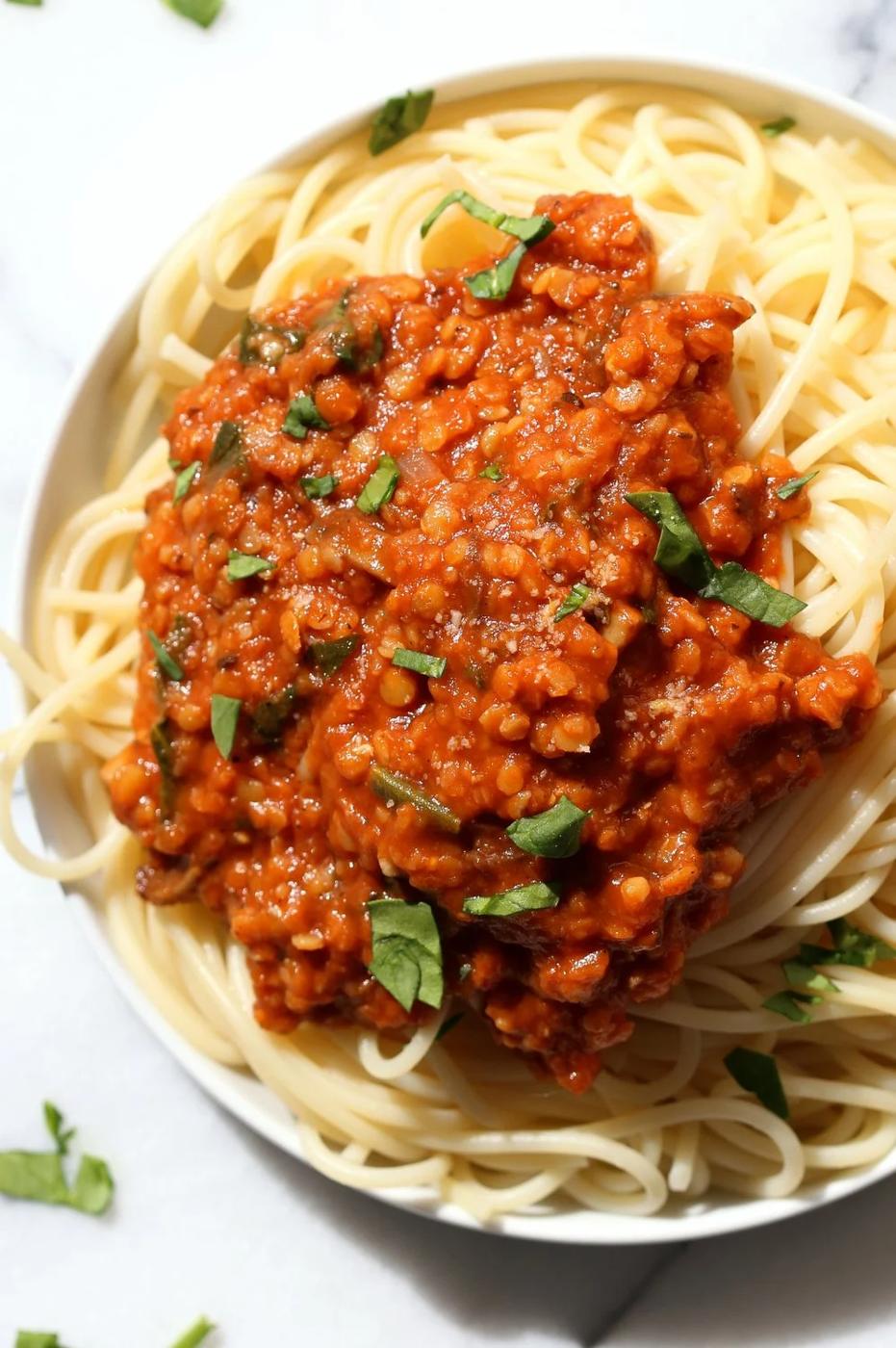 This Lentil Bolognese Sauce is hearty with Red lentils and Mushrooms and great with Spaghetti or other pasta. #Vegan #Soyfree #Nutfree #Recipe #VeganRicha. Can be gluten-free with #glutenfree #pasta | VeganRicha.com