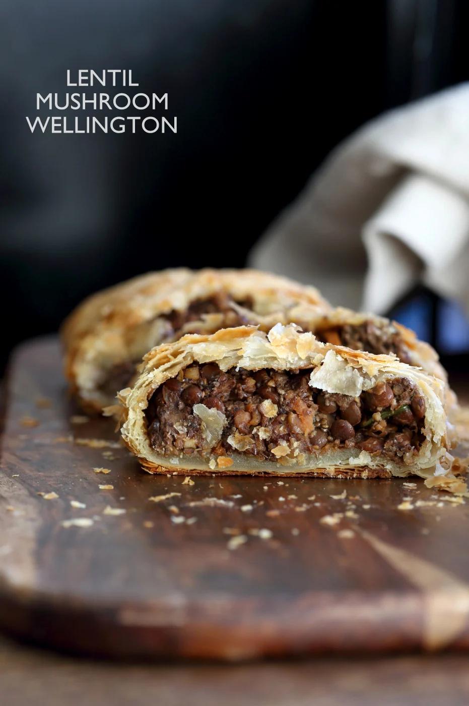 Mushroom lentil Wellington. Easy Vegan Wellington for the Holidays and potlucks. Puff pastry wrapped lentil walnut mushroom loaf. Vegan Recipe. Make into a loaf to make gluten-free. #vegan #veganricha