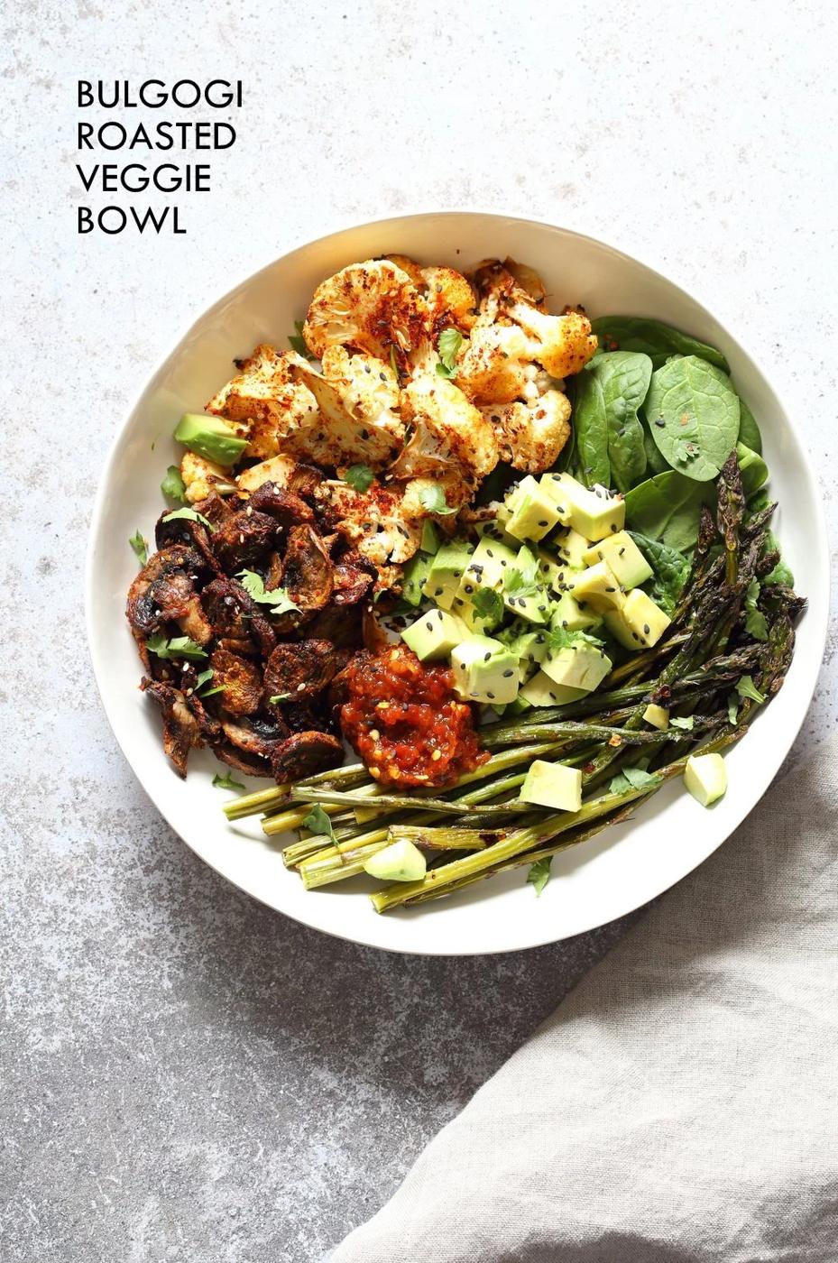 Bulgogi Roasted Spring Veggie Bowl. Spicy, sweet Korean Gochugaru blend roasted Cauliflower Mushroom Asparagus Bowl. #Vegan #Glutenfree #Nutfree #Recipe #VeganRicha | VeganRicha.com