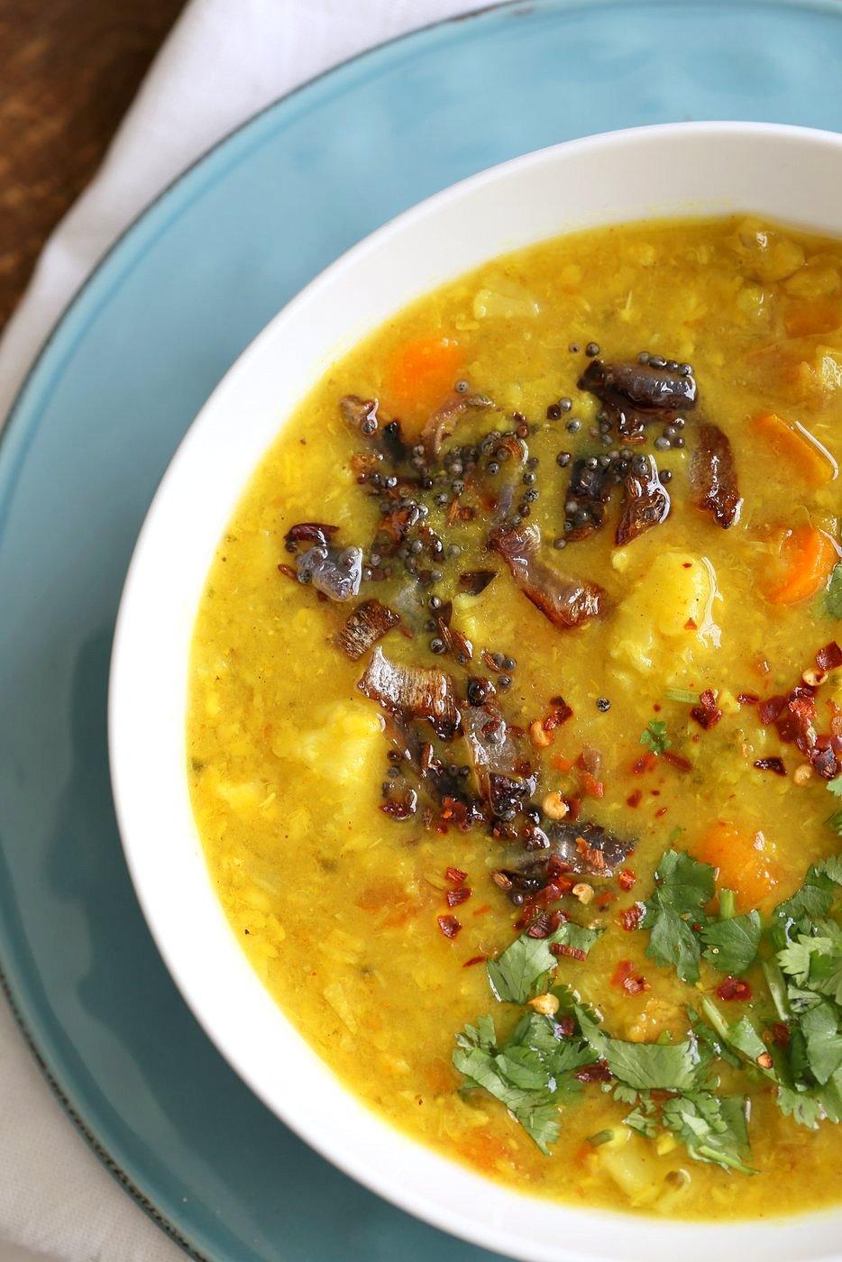 Lentil Veggie Dhansak. Dal and vegetables cooked with spices. Parsi dhansak Recipe. Serve over rice or flatbread or garlic bread. Vegan Gluten-free Indian Recipe | VeganRicha.com