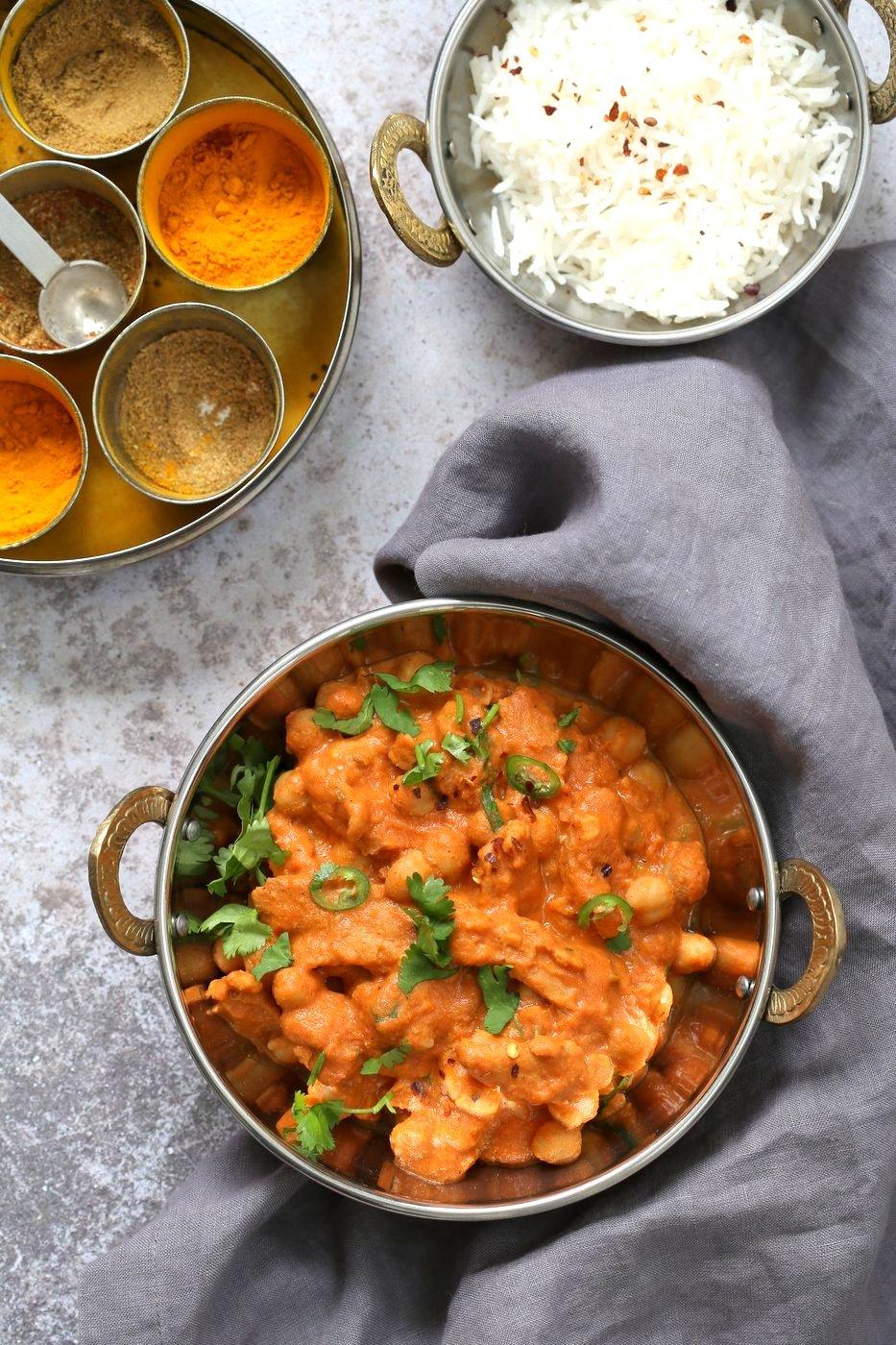 Instant Pot Vegan Butter Chicken with Soycurls and Chickpeas. 15 minute Active time! 1 Pot Creamy Butter Soy Curls. Use all chickpeas for soy-free. Vegan Gluten-free Recipe. Nut-free option | VeganRicha.com