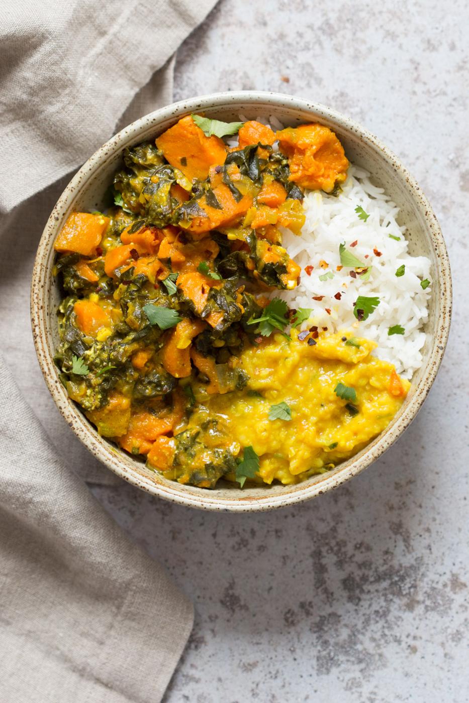Instant Pot Saag Aloo with Chard and Sweet Potatoes. Sweet Potato Chard/Spinach curry. Serve this easy side with dals or curries or add to a bowl. #Vegan #soyfree #Glutenfree #Recipe easily #nutfree| VeganRicha.com