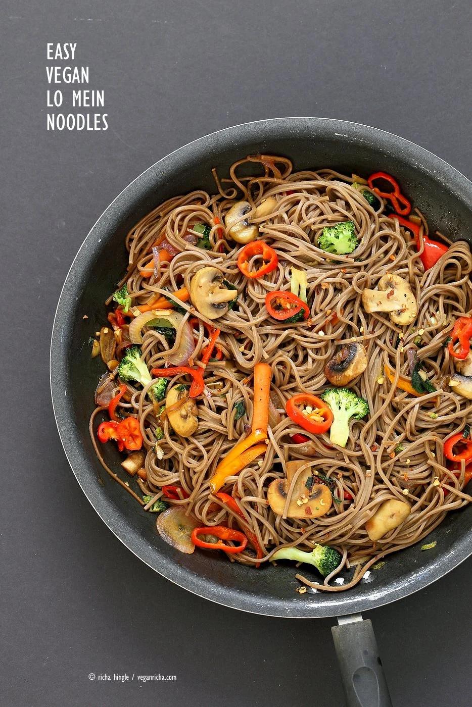 Easy Vegan Lo Mein with Soba Noodles. Ready in 20 minutes. Clean out the fridge Veggie Lo Mein Recipe with Soba Wheat Noodles. Use any noodles of choice. Vegan Nut-free Recipe. | VeganRicha.com