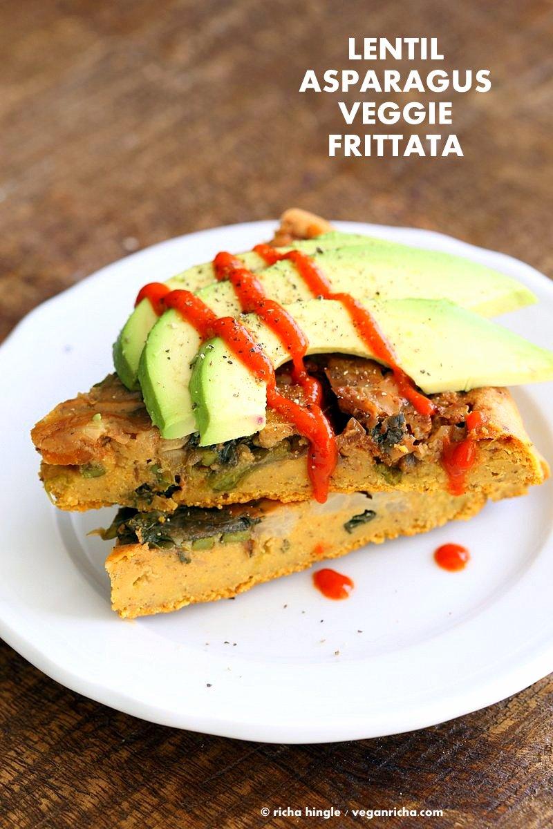 Lentil Veggie Asparagus Frittata. Blended red lentils make the egg in this lentil frittata filled with Spring vegetables. Easy Vegan Gluten-free Soy-free Recipe | VeganRicha.com