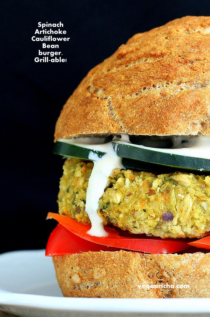 Spinach Artichoke Cauliflower Bean Burger and 35 Vegan Veggie Burger Recipes | VeganRicha.com