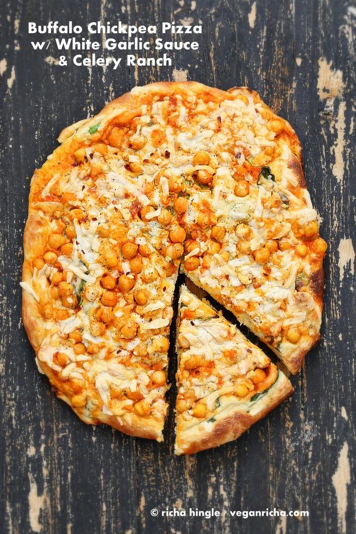 Buffalo Chickpea Pizza with celery ranch | VeganRicha.com