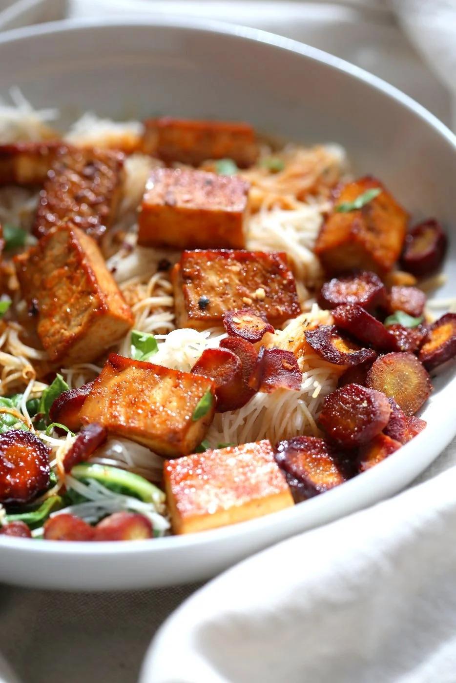 Baked Chili Garlic Tofu, Carrot, Chard and Noodle Bowls. Easy Weeknight Meal. Add some toasted cashews and other veggies of choice. #Glutenfree Nut-free #Vegan #Recipe #veganricha | VeganRicha.com