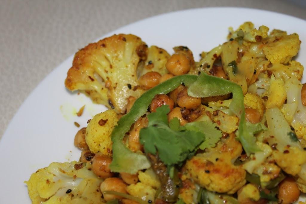 Achari Gobi (Pickled Cauliflower with Garbanzo beans and Bell peppers)