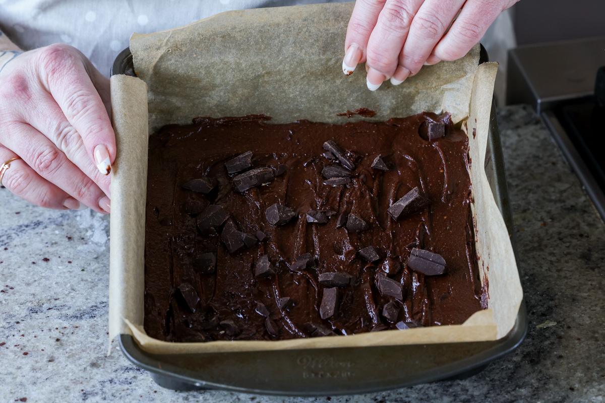 almond butter brownies in the pan, before baking