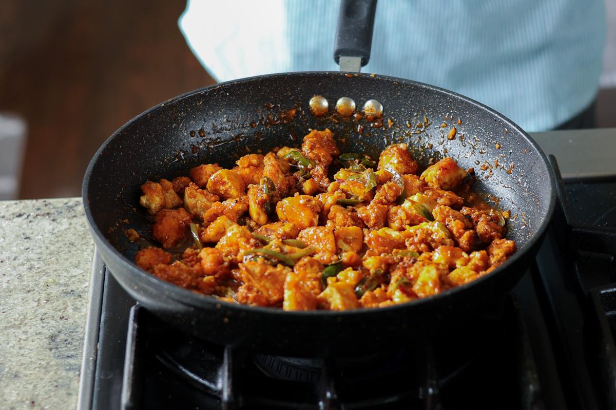 apollo tofu in the pan after cooking