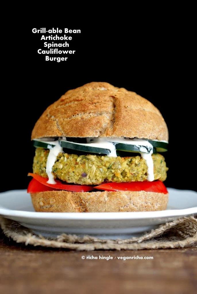 Artichoke Spinach Cauliflower Bean Burgers. Grill-able Vegan Veggie Burger Recipe.
