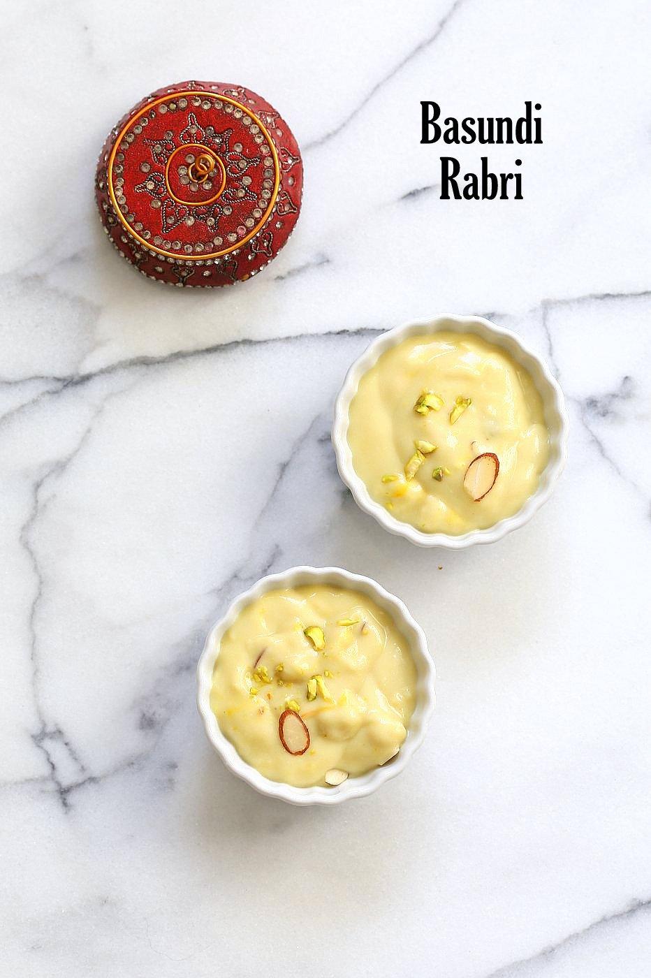 15 min Almond fudge with Cardamom and Basundi - thickened milk with saffron and nuts. Basundi or Rabri with almond milk. Indian Vegan Sweets for Diwali. | VeganRicha..com