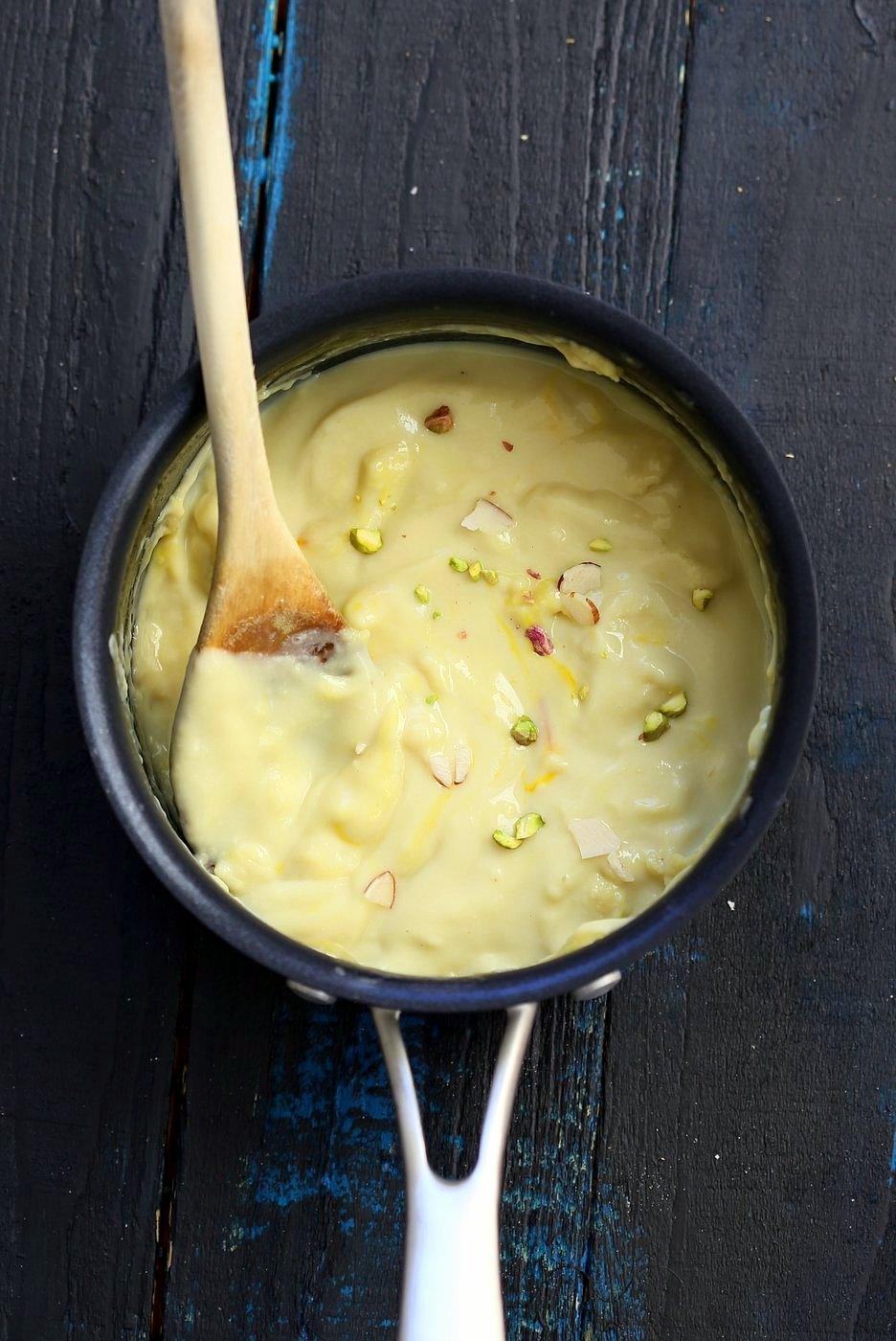 15 min Almond fudge with Cardamom and Basundi - thickened milk with saffron and nuts. Basundi or Rabri with almond milk. Indian Vegan Sweets for Diwali. | VeganRicha..com