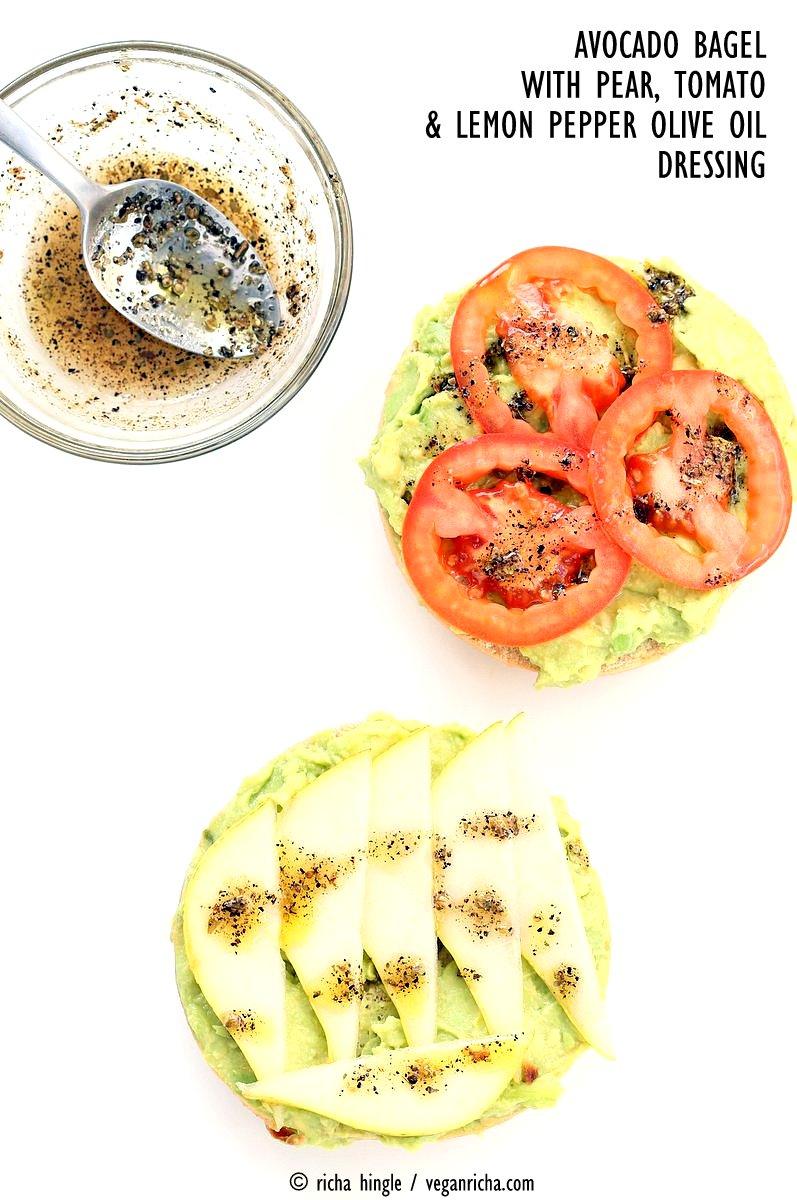 Avocado Bagels with Pears and Tomatoes and Mediterranean Oregano Garlic Olive Oil Dressing. Bagel Avocado Toast. Easy Vegan Snack or Breakfast. | VeganRicha.com