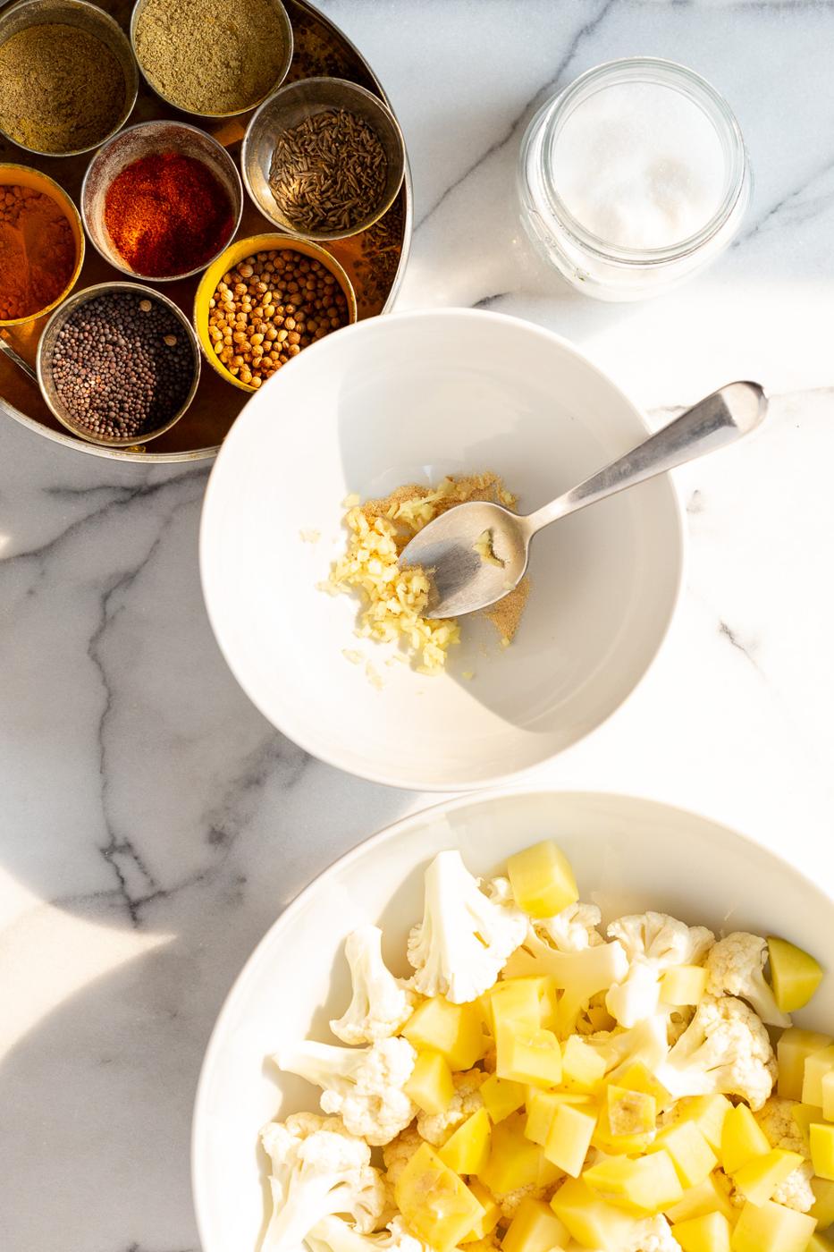 Our Vegan Baked Aloo Gobi Spiced Potatoes and Cauliflower Ingredients Prep