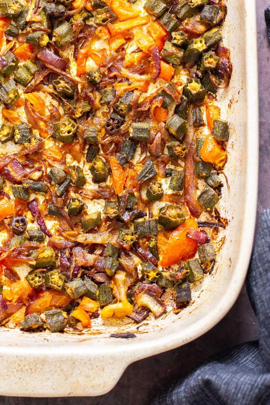 baked veggies in a white casserole dish