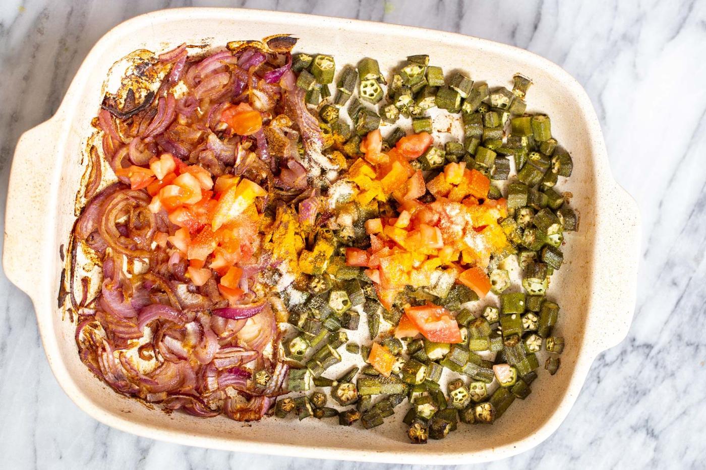 baked veggies in a white casserole dish