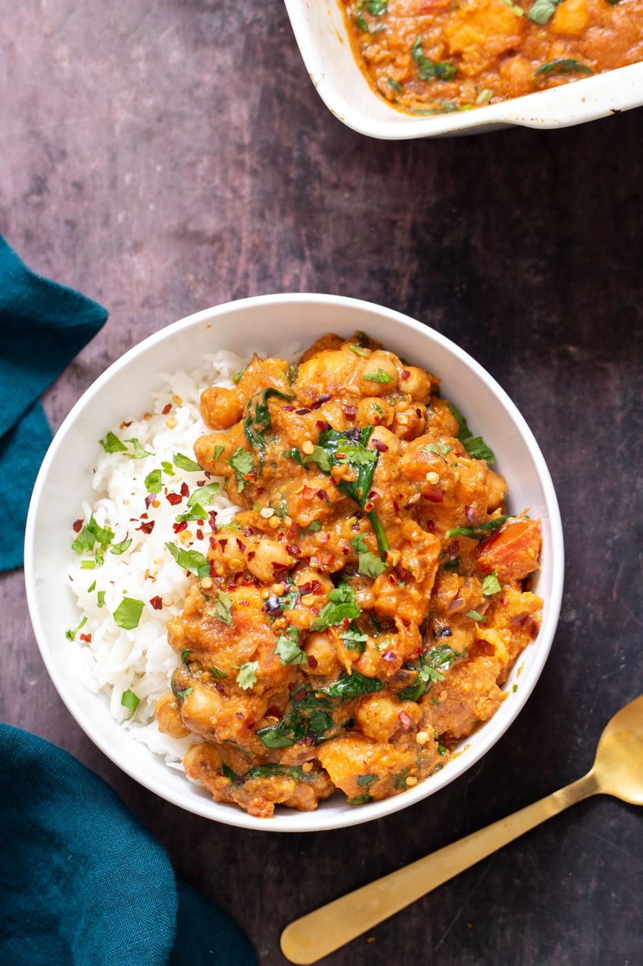 baked chickpea sweet potato curry served over rice