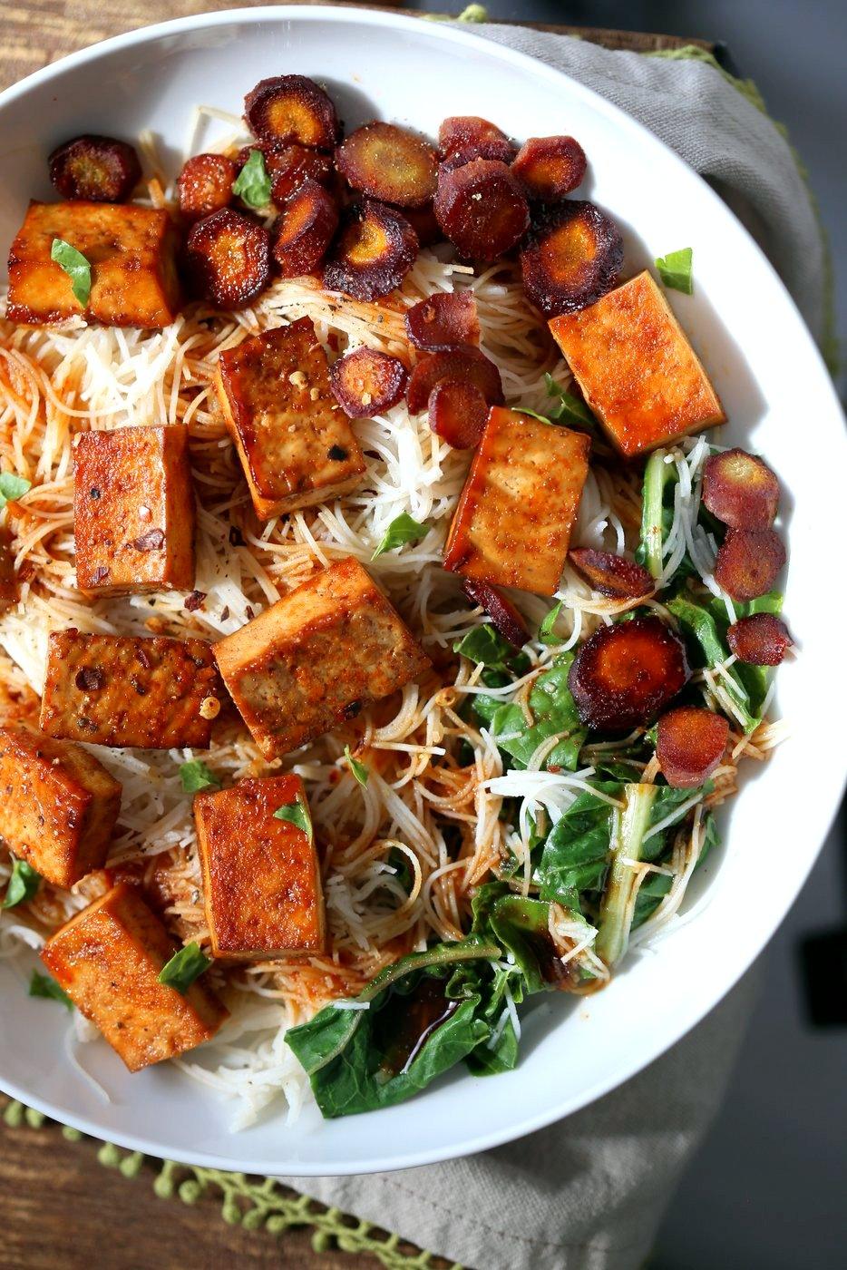 Baked Chili Garlic Tofu, Carrot, Chard and Noodle Bowls. Easy Weeknight Meal. Add some toasted cashews and other veggies of choice. #Glutenfree Nut-free #Vegan #Recipe #veganricha | VeganRicha.com