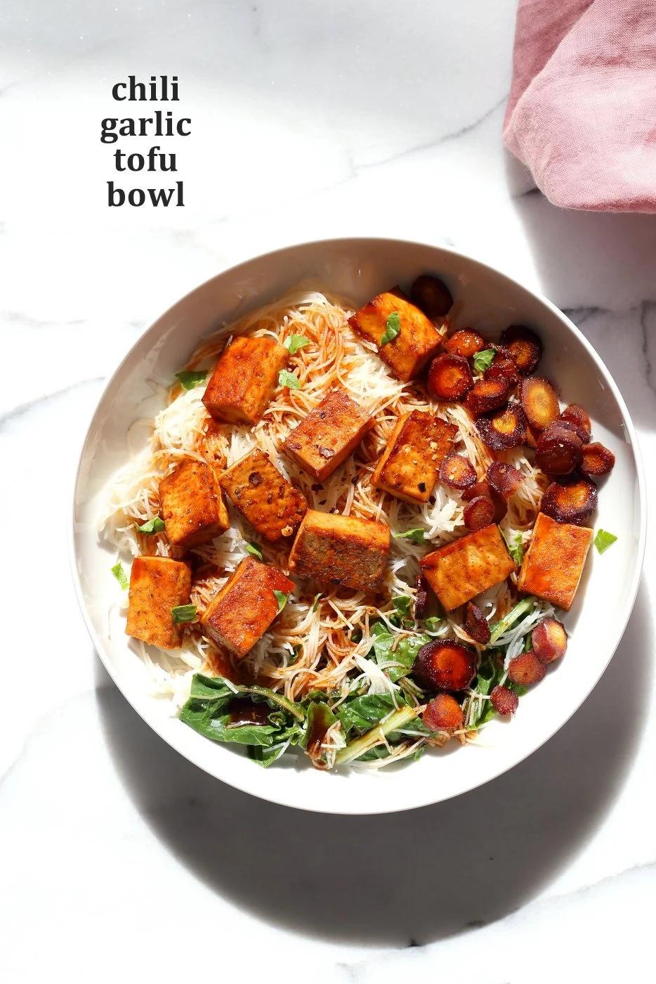 Baked Chili Garlic Tofu, Carrot, Chard and Noodle Bowls