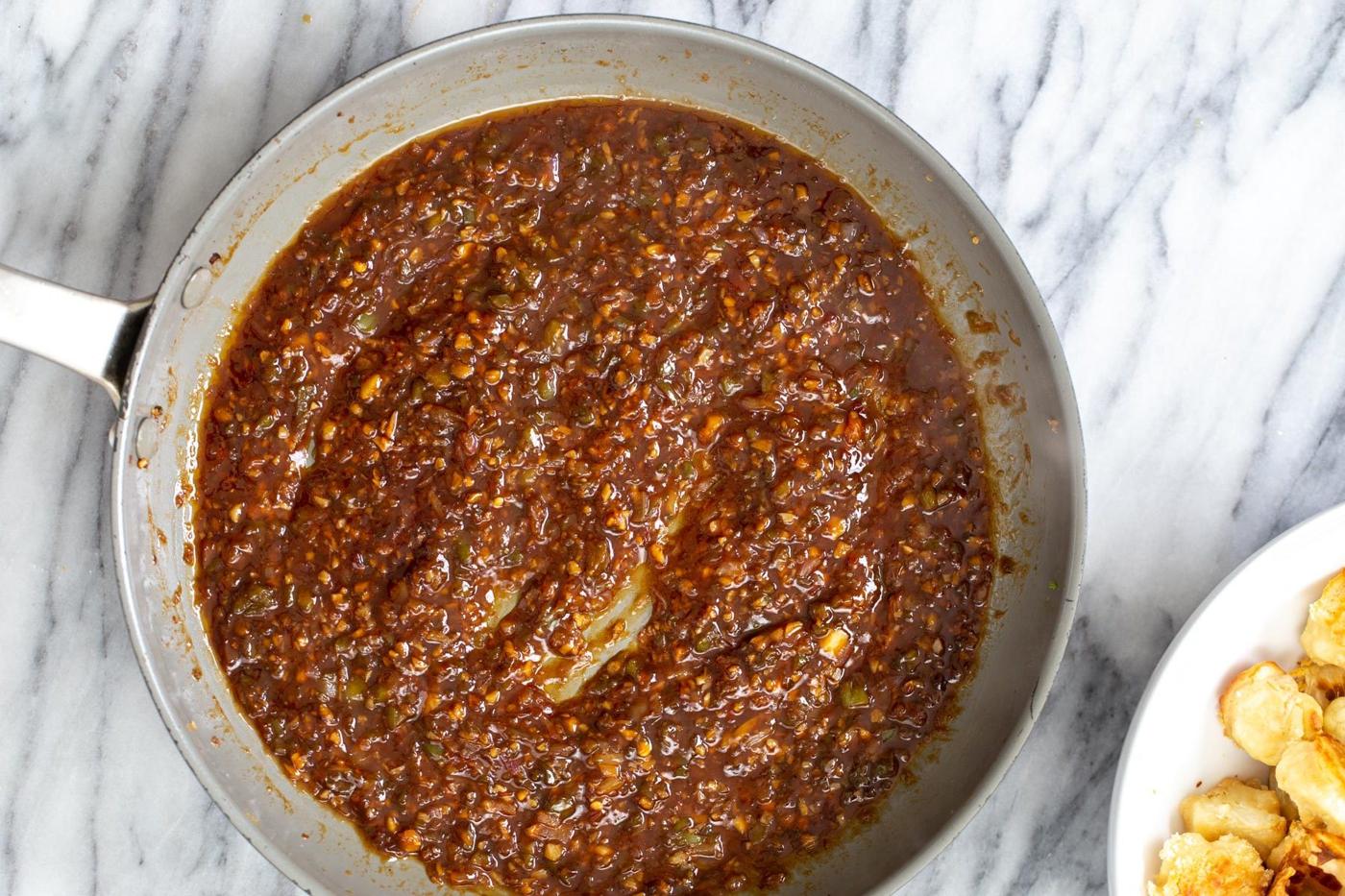 cauliflower manchurian sauce in a saucepan