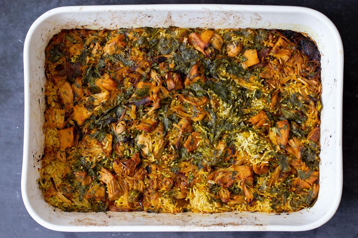 jackfruit biryani after baking but before stirring