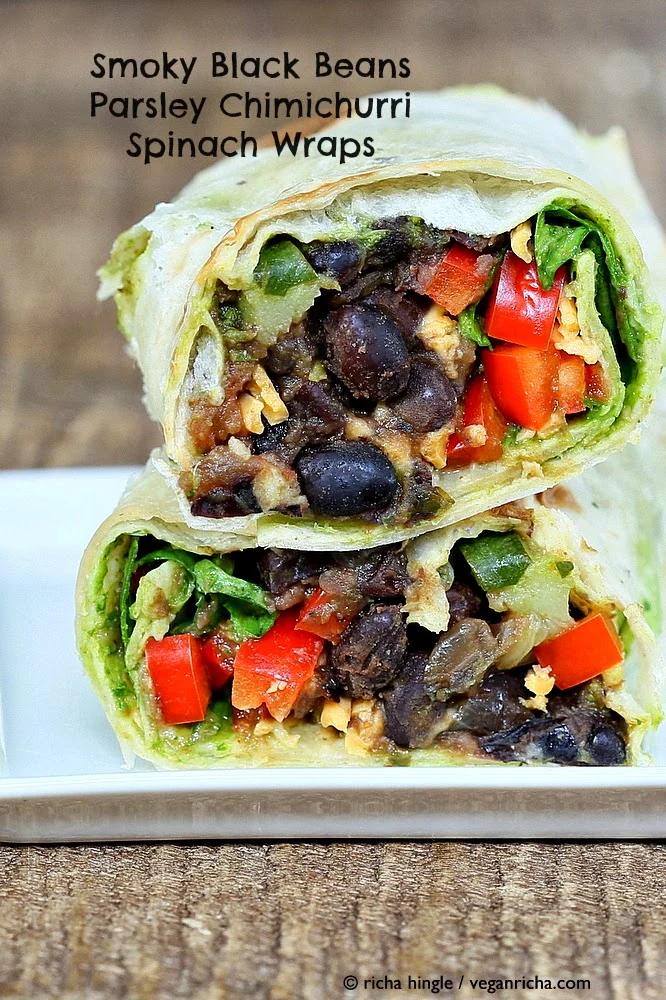 Vegan Smoky Black Beans, Parsley Chimichurri, Spinach Wraps
