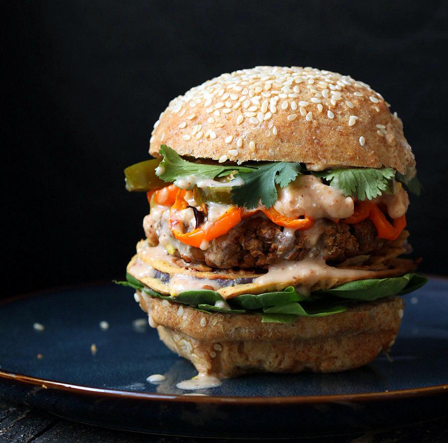 Red Lentil Cauliflower Burger with Chipotle Habanero Mayo. Vegan.